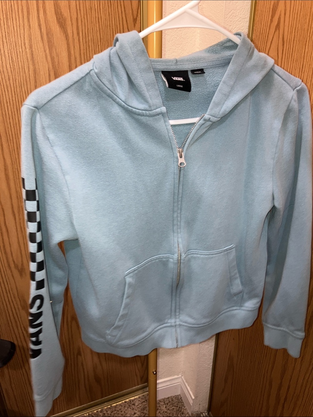 Vans Kids Light Blue Zip-Up Hoodie with Checker Sleeve Detail